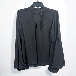 T Tahari Blouse Womens Size S Black Mock Neck Keyhole Large Bell Sleeve Chic